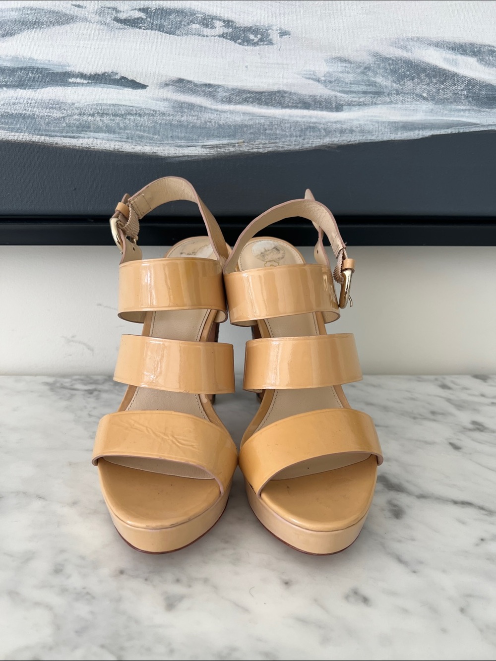 Coach Patent Leather Three-Strap Platform Sandals in Nude